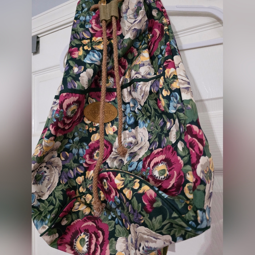 Vintage Lacrosse Floral Print Canvas Large Sling Purse Shoulder Cinch Bag